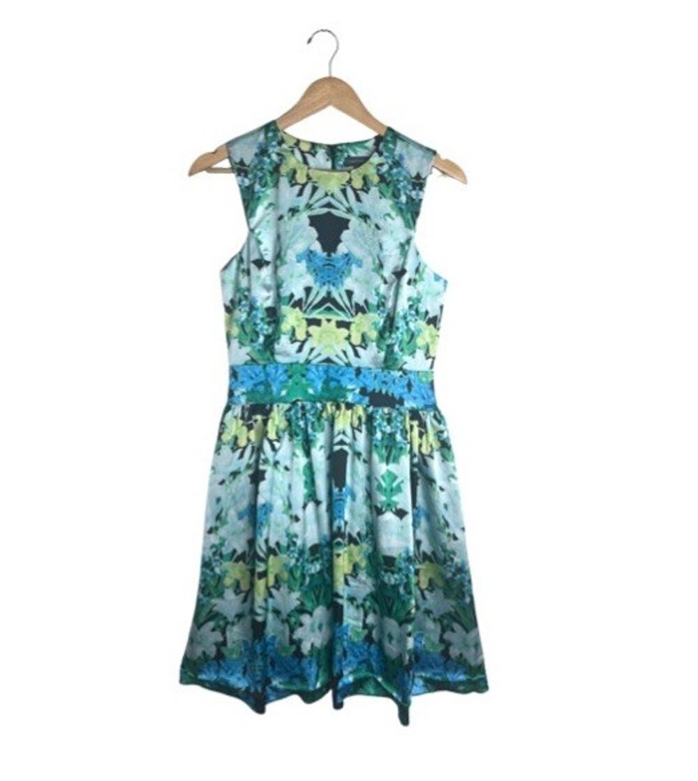 Vince Camuto Floral Dress Size 4 Fit Flare Blue Black High Neck Lined Zip Close
